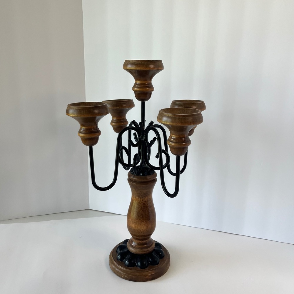 Vintage Wood and Wrought Iron 5 Light Candelabra Candle Holder Centerpiece Brown